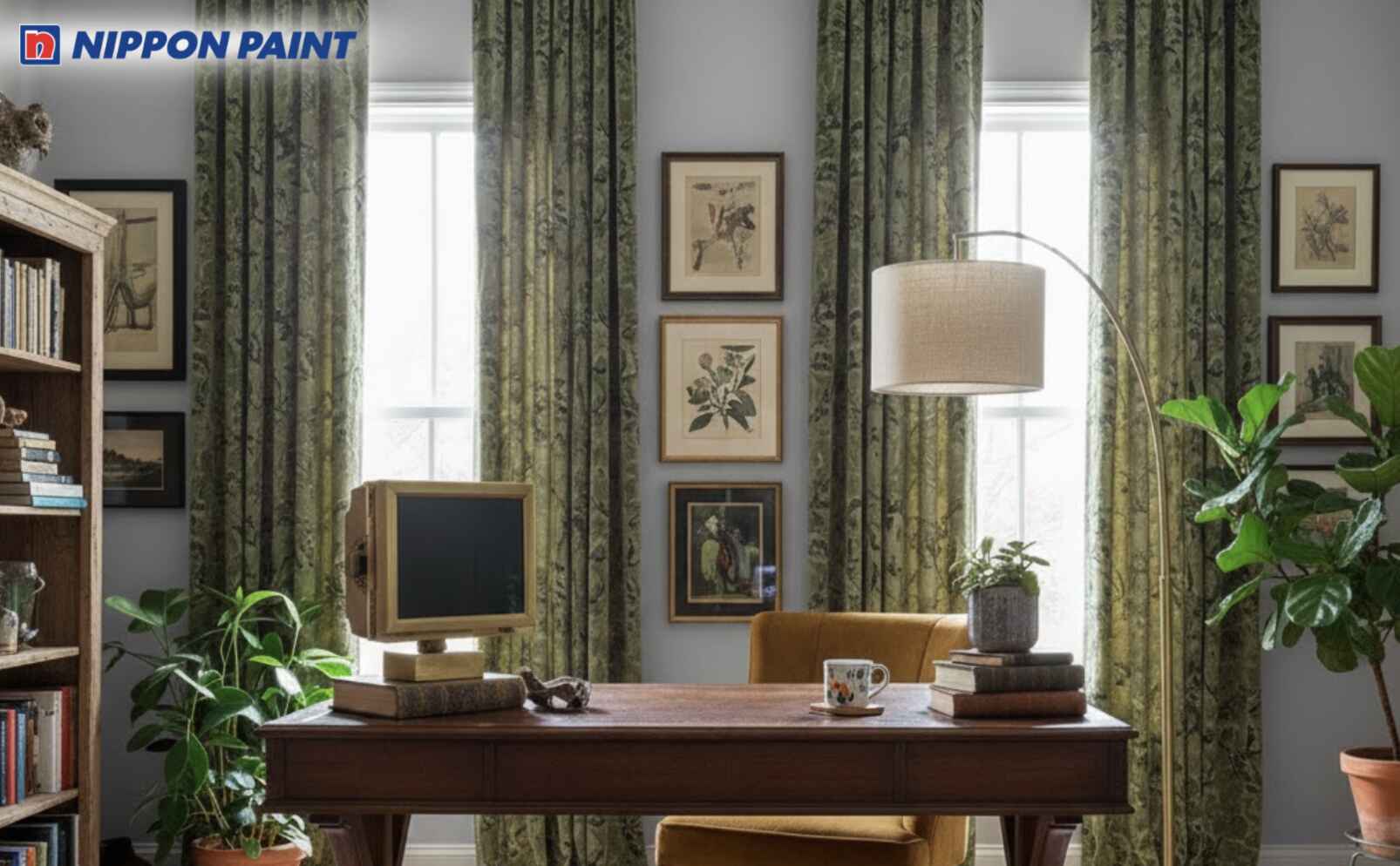 Tường xám sáng, phối xanh olive cho rèm, điểm đen mờ để tăng chiều sâu thị giác