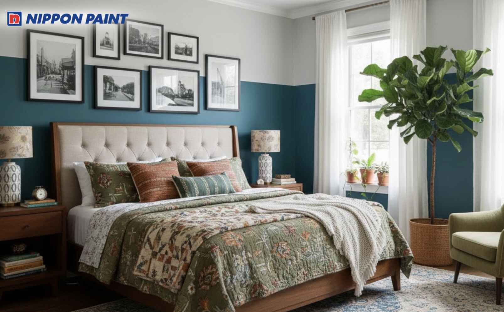 Phòng ngủ Eclectic xám nhạt - xanh cổ vịt làm chủ đạo, nhấn trắng ngà ở rèm