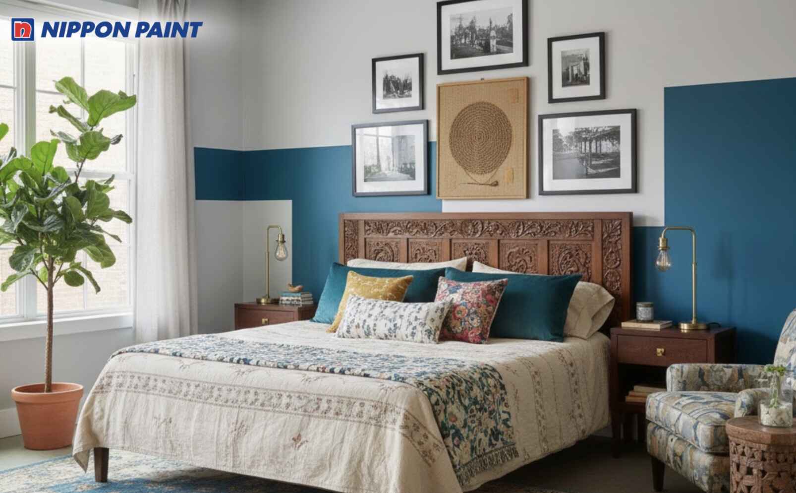 Tường trắng kem, phối xanh cổ vịt, kết hợp nội thất trắng ngà tạo cảm giác thư giãn