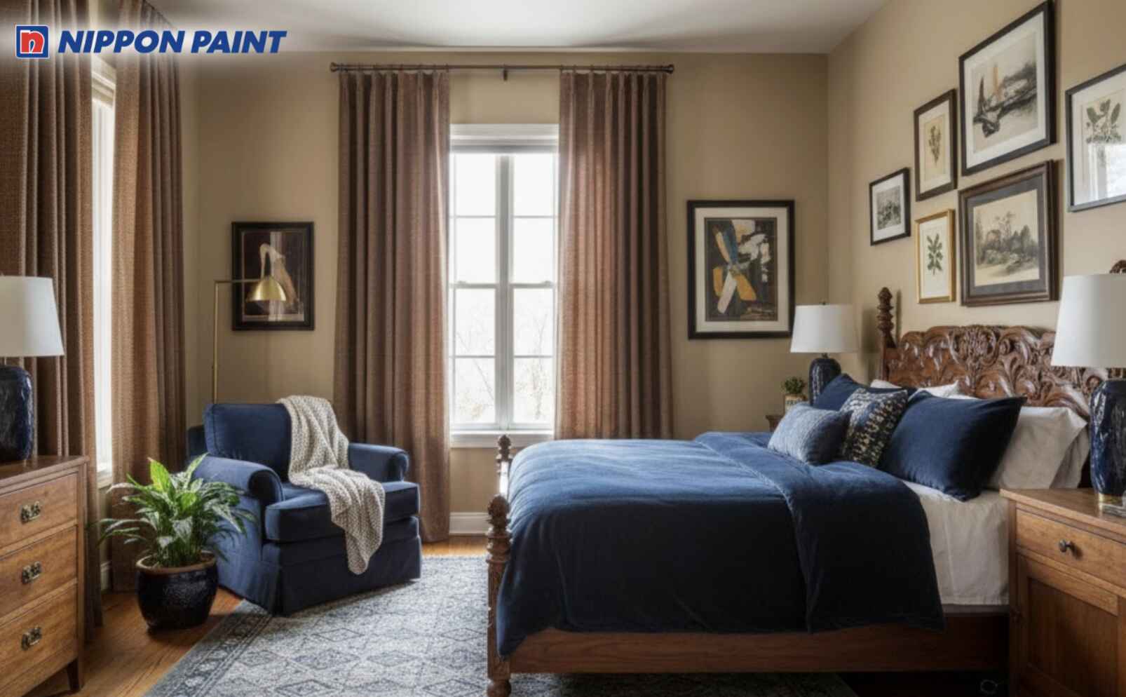 Be - nâu trầm làm nền ấm, nhấn xanh than giúp phòng ngủ Eclectic cá tính