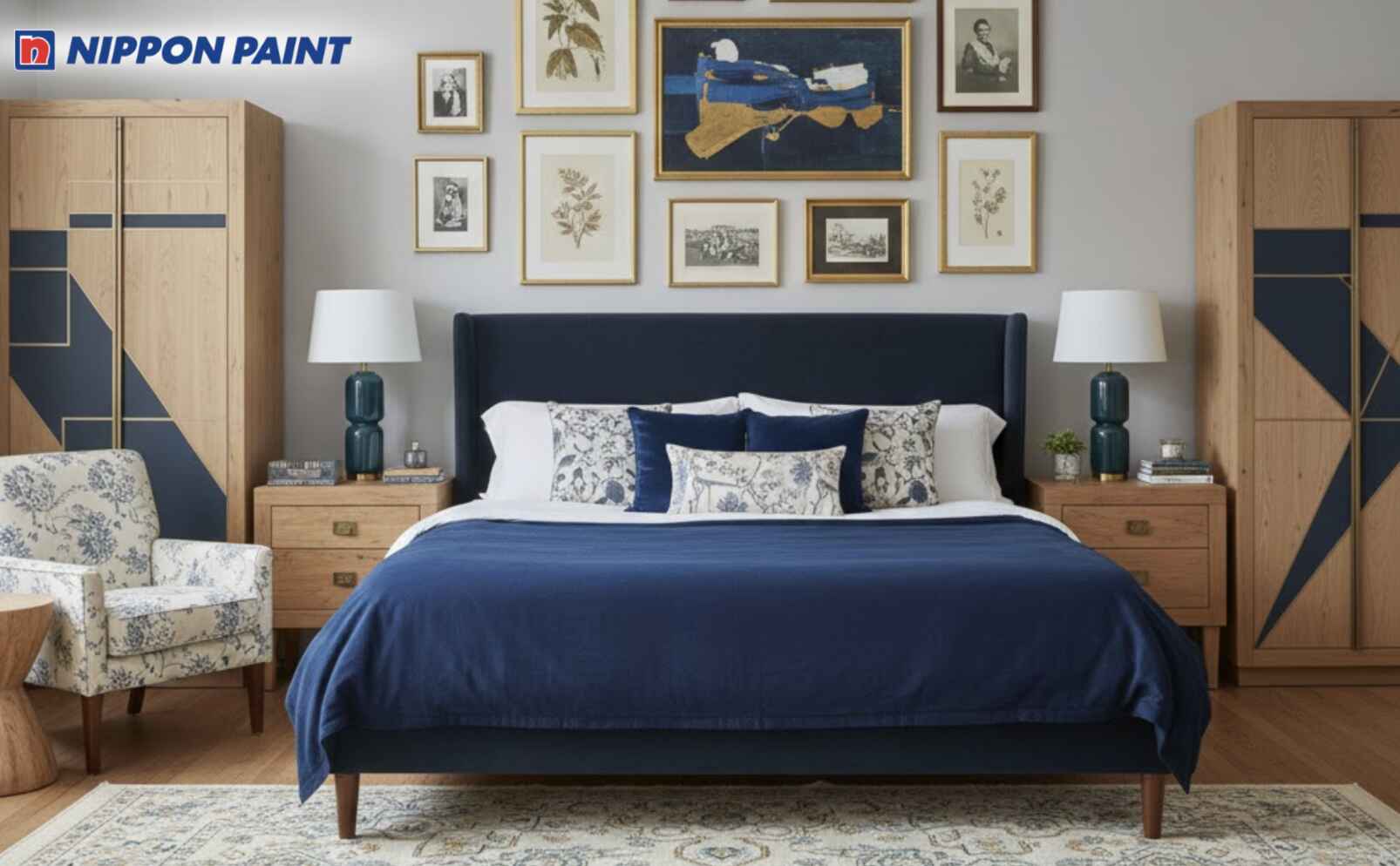 Sơn nền xám sáng, điểm nâu gỗ, xanh than giúp phòng ngủ Electric hiện đại hơn