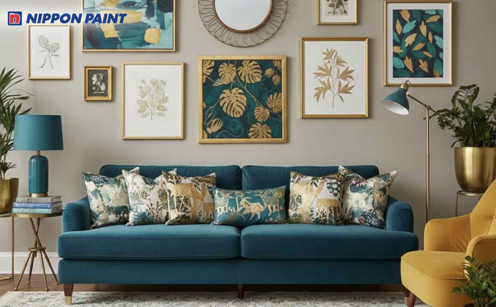 Phối xám nhạt - trắng, thêm xanh cổ vịt và vàng đồng làm điểm nhấn cho phòng khách