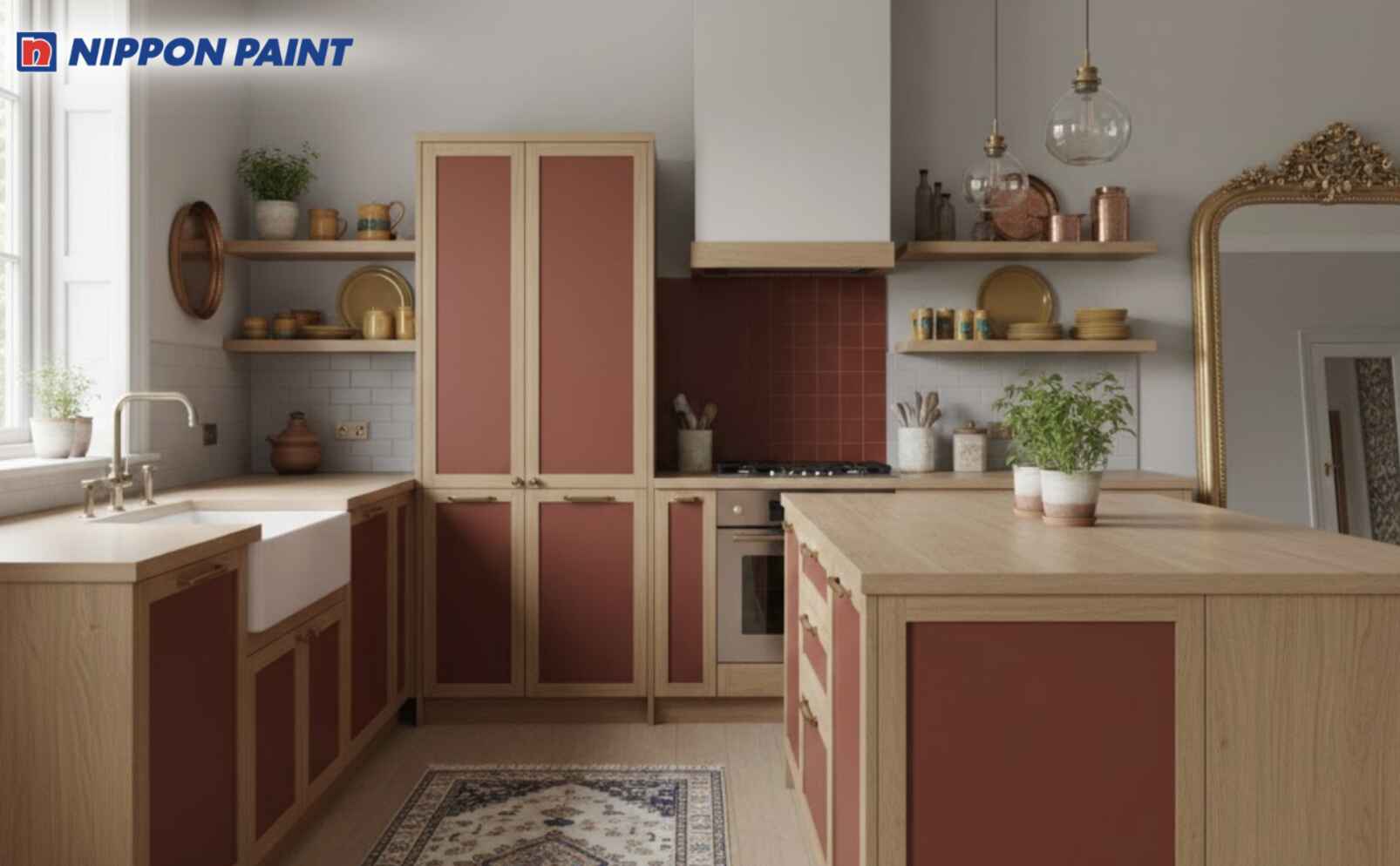 Tường trắng ngà, phối đỏ gạch ở tủ bếp tạo điểm nhấn nổi bật