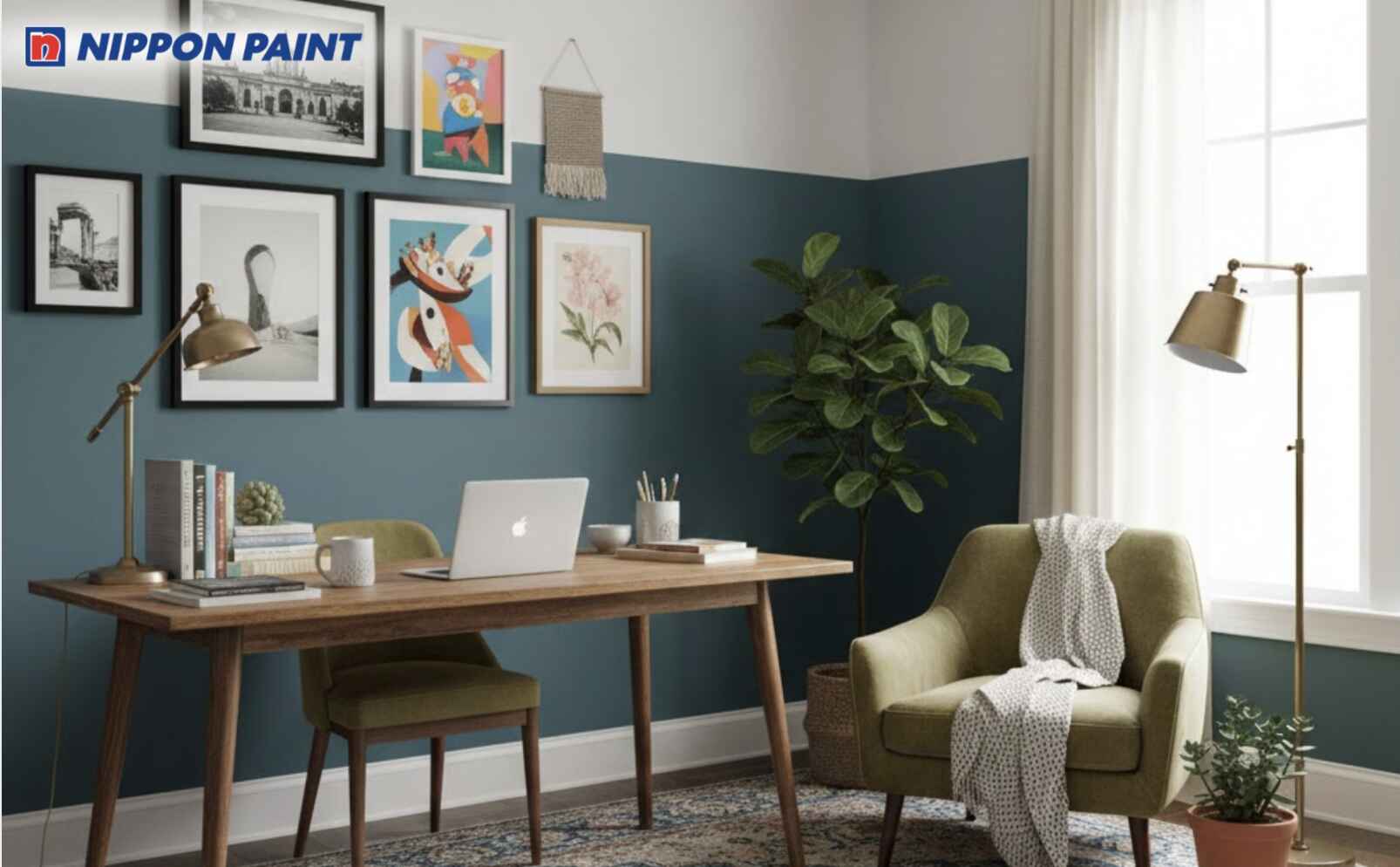 Nền xám nhạt phối xanh cổ vịt, kết hợp nội thất xanh olive và điểm nhấn màu đen