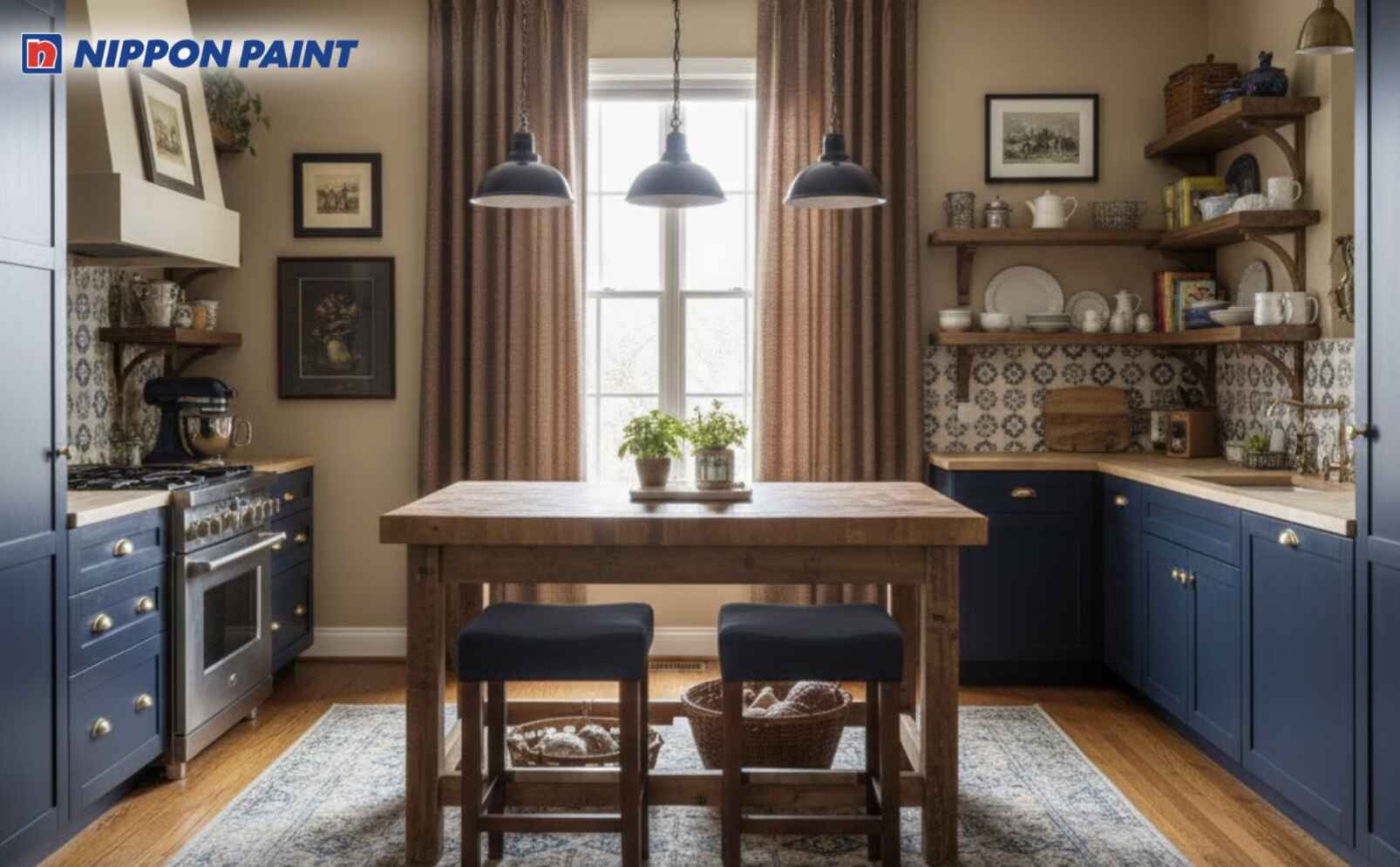 Tường màu be, nhấn bằng rèm màu nâu đậm và xanh cổ vịt cho phòng bếp Eclectic