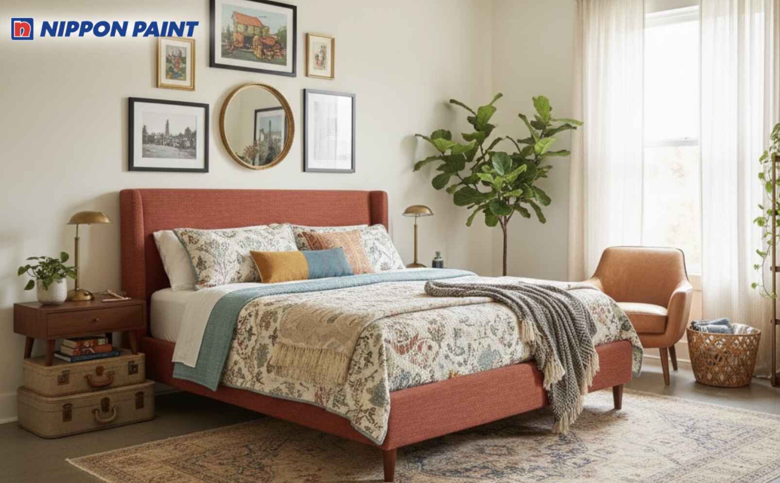 Nền be sáng, điểm đen ở tranh và đỏ gạch ở giường giúp phòng ngủ Electric ấm áp