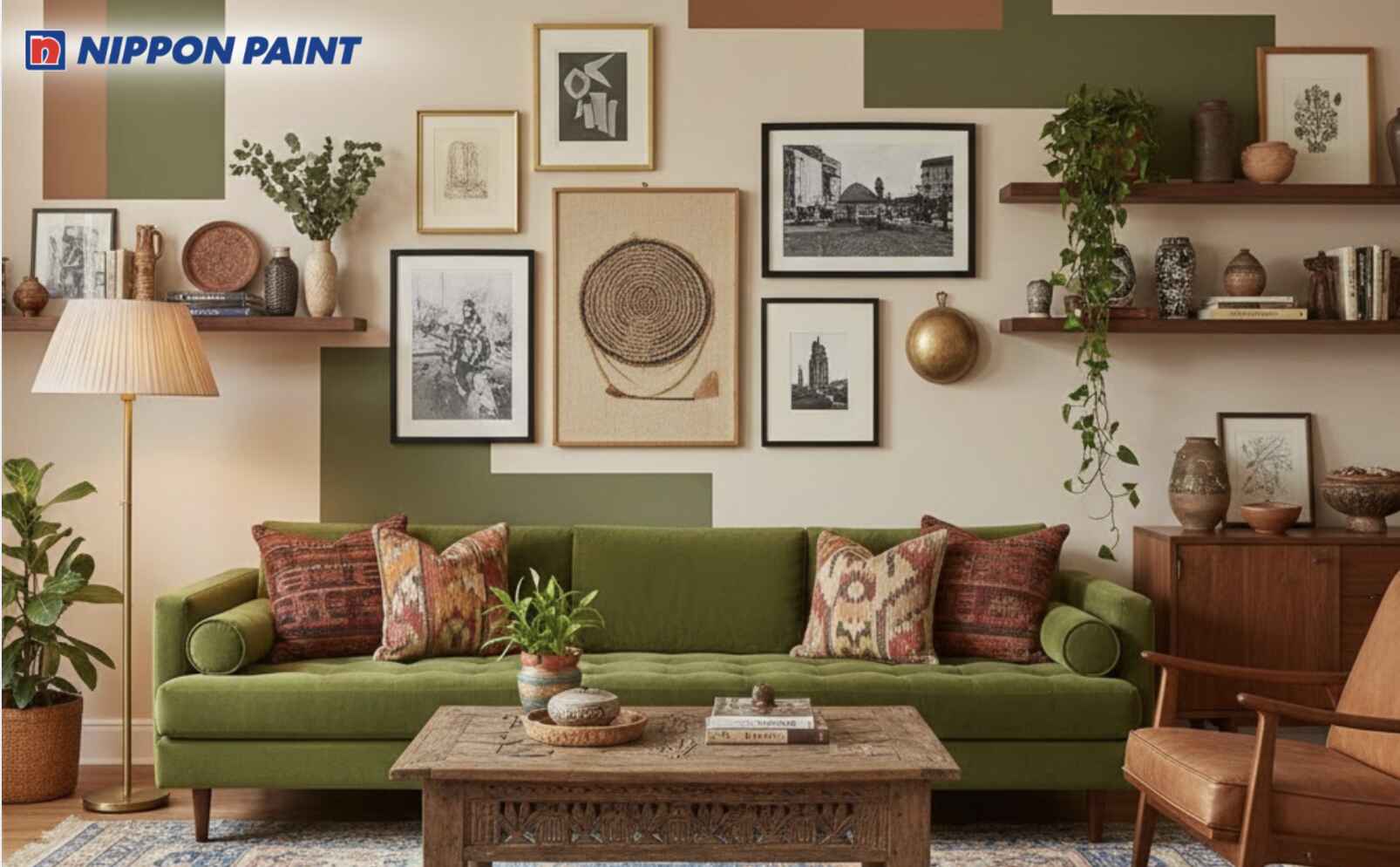 Phòng khách Eclectic dễ hài hòa khi dùng be, nhấn bằng xanh olive và họa tiết nghệ thuật đa sắc