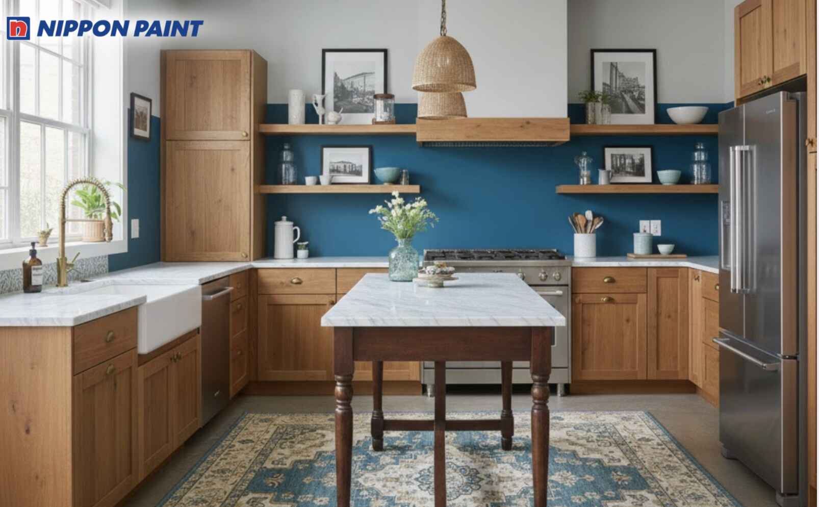 Tường xám sáng, phối đảo bếp trắng ngà và tủ bếp nâu gỗ mang lại nét cá tính tinh tế