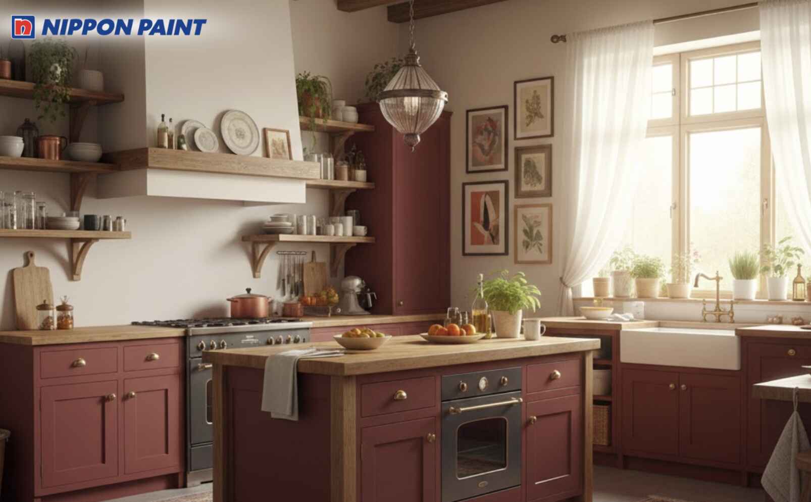 Tường trắng ngà, phối đảo bếp đỏ gạch tạo cảm giác ấm áp cho phòng bếp Electric