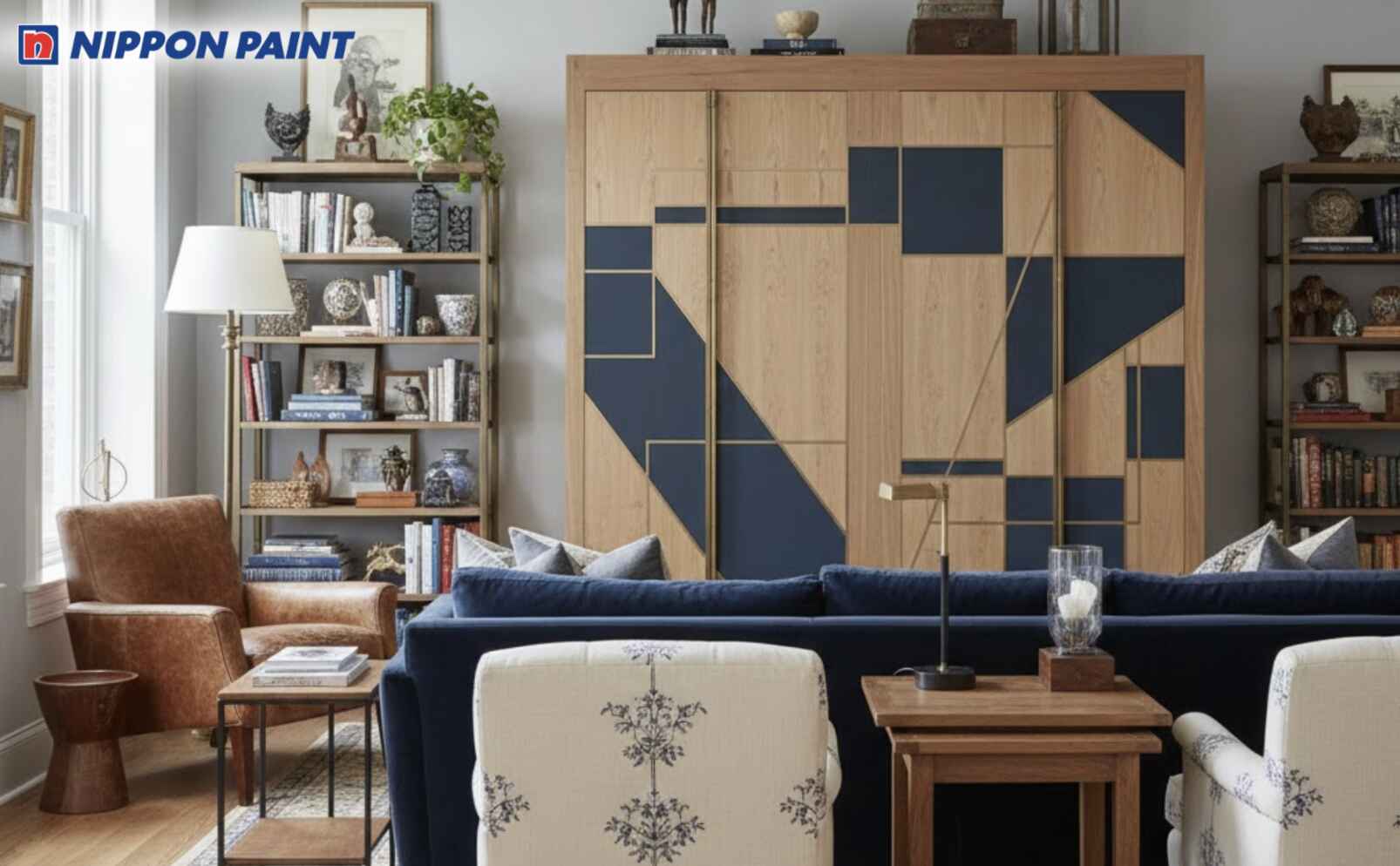 Trắng ngà - xám nhạt làm nền, nhấn xanh than ở tủ hồ sơ, cân bằng bằng đồ decor gỗ tự nhiên