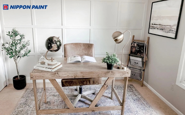 Màu sơn Farmhouse tối giản giúp không gian làm việc gọn gàng, dễ chịu suốt ngày dài