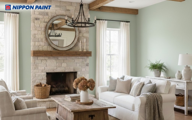 Phòng khách Farmhouse tông xanh trẻ trung