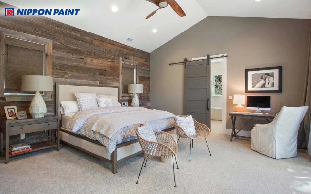 Phòng ngủ Farmhouse sử dụng màu xám giúp không gian dịu mắt và thư giãn hơn