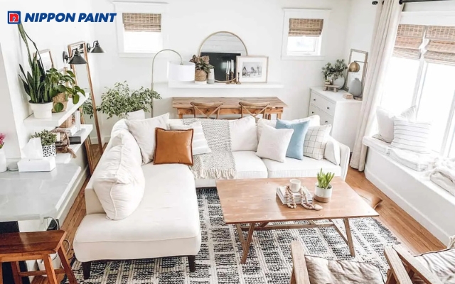 Phòng khách Farmhouse với nội thất màu trắng nhẹ nhàng, tinh tế