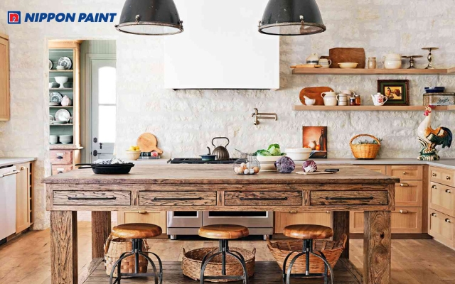 Gam màu kem mang lại cảm giác ấm áp, thân thiện cho khu vực bếp theo phong cách Farmhouse