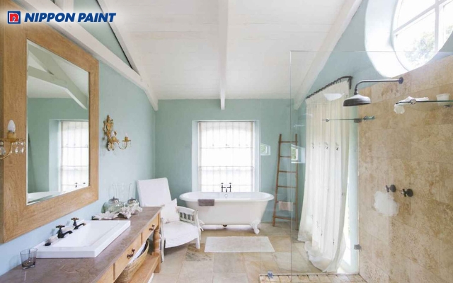 Màu xanh nhạt mang lại cảm giác thư giãn cho phòng tắm theo phong cách Farmhouse