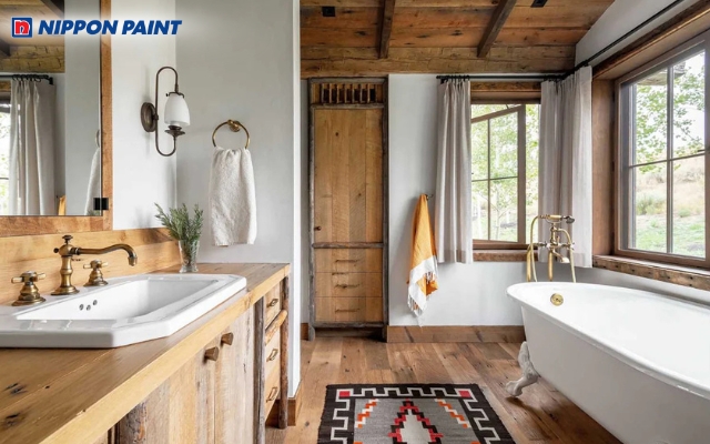 Phòng tắm Farmhouse phối trắng và gỗ tạo sự cân bằng hài hòa giữa mộc mạc và tinh tế