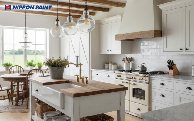 Nhà bếp Farmhouse sơn trắng giúp không gian luôn sáng, sạch và dễ kết hợp tủ bếp gỗ tự nhiên