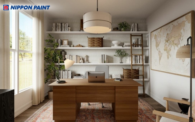 Gam trắng sáng giúp không gian làm việc Farmhouse trở nên hiện đại và cân bằng ánh sáng