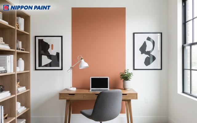 Kết hợp tường trắng và mảng nhấn cam đất khơi gợi cảm hứng sáng tạo mới mẻ