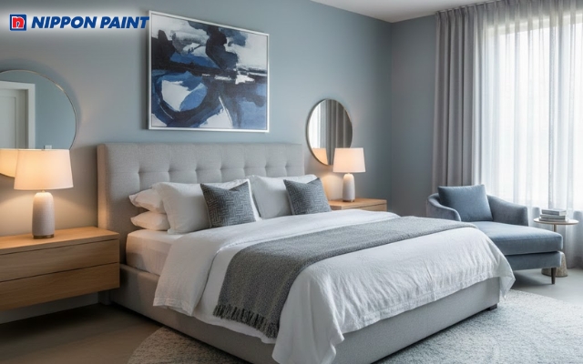 Sắc xám xanh lạnh mịn màng mang đến hơi thở tân tiến cho không gian riêng tư