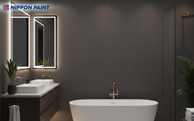 Sử dụng màu ghi đậm phối cùng ánh sáng âm trần tạo hiệu ứng không gian bí ẩn