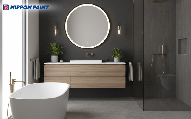 Mảng tường tối nhấn sau gương giúp thiết bị vệ sinh nổi bật và hiện đại hơn