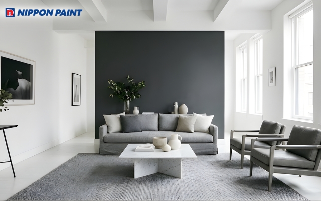 Phối màu trắng sứ chủ đạo cùng mảng nhấn xám ghi tạo vẻ đẹp thanh lịch