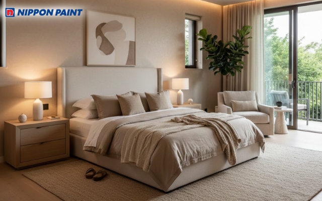 Phối màu trung tính ấm như be cát tạo cảm giác nhẹ nhàng, vỗ về giấc ngủ