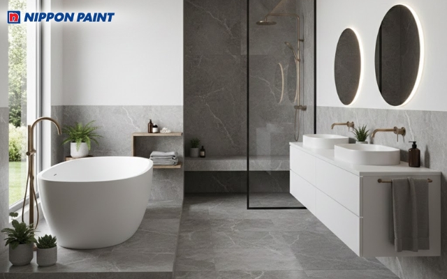 Gam trắng xám giúp phòng tắm luôn sạch khỏe và mang lại cảm giác thư giãn