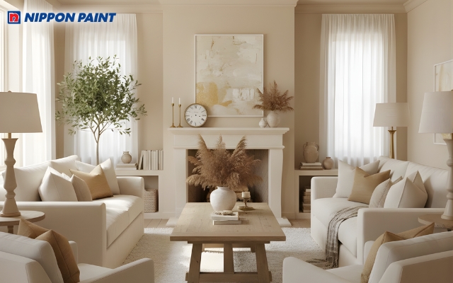 Gam màu be ấm bao phủ diện tường mang lại cảm giác gần gũi và sang trọng