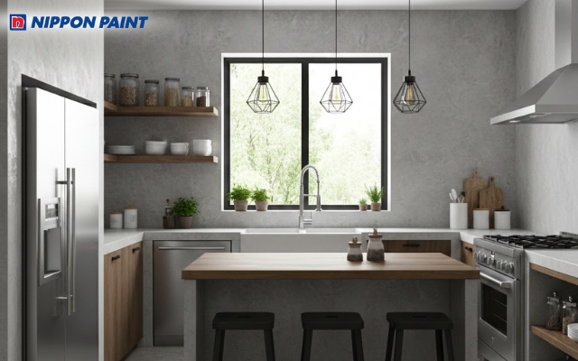 Sử dụng màu sơn hiệu ứng xi măng tạo nét thô mộc, thời thượng cho gian bếp