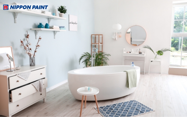 Phối hợp tông xanh nhạt và trắng tạo không gian mát mẻ, dễ chịu cho khu vực phụ