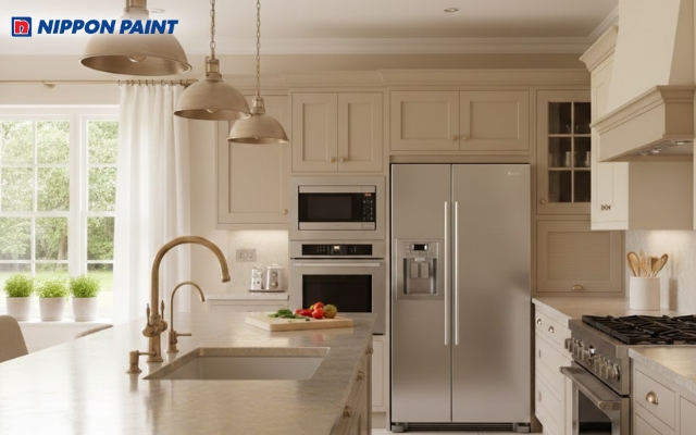 Tông be sáng phối cùng mặt bếp hiệu ứng ánh kim nhẹ tạo cảm hứng ấm cúng