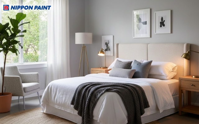 Tông ghi nhạt cùng ánh sáng ấm tạo không gian nghỉ ngơi thư thái, nghệ thuật