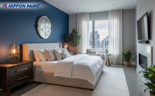 Gam xanh Midnight Blue làm điểm nhấn giúp phòng ngủ trở nên sang trọng