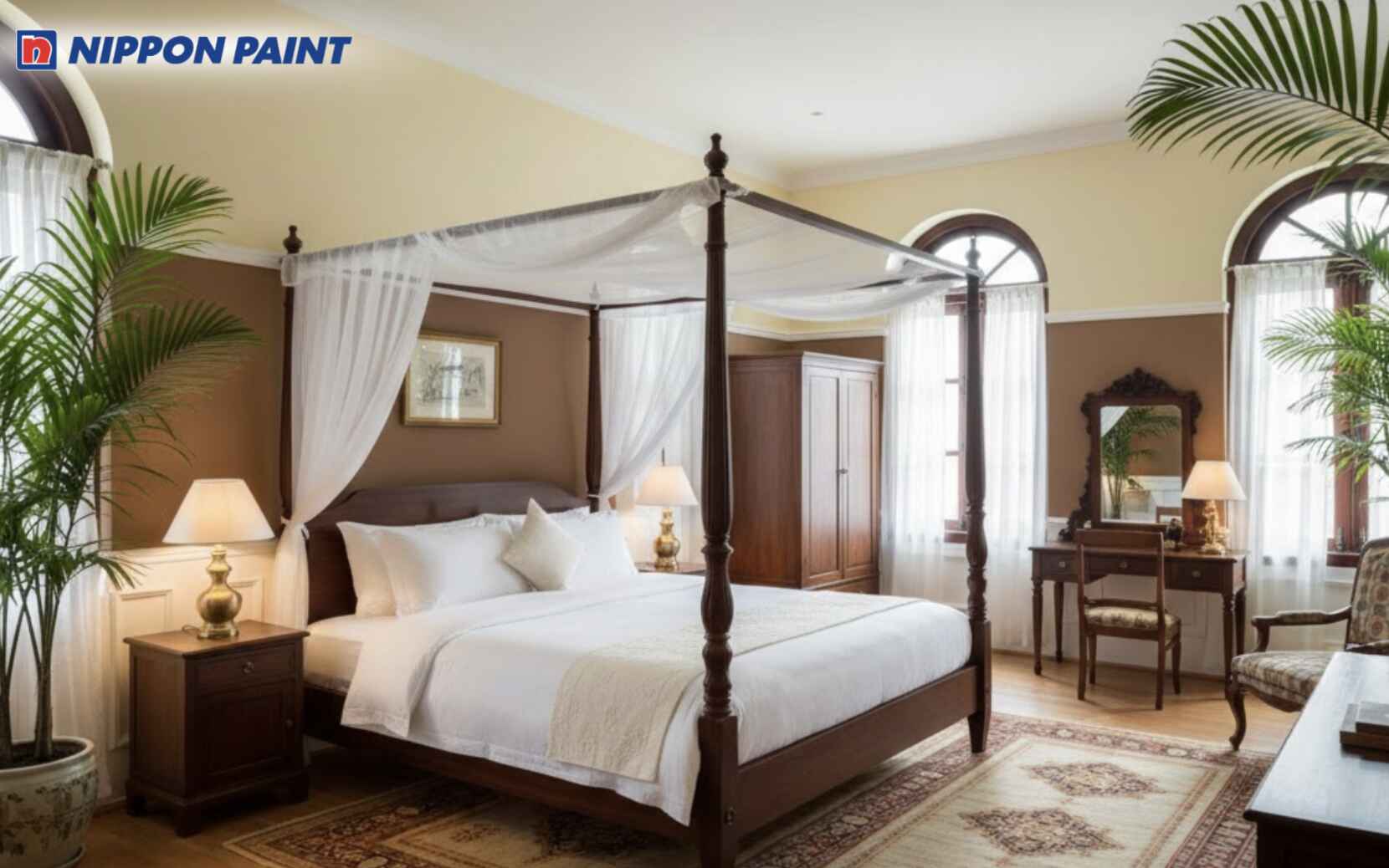 Kết hợp giữa vàng nhạt và nâu đất giúp phòng ngủ giữ được nét hoài cổ mà vẫn ấm áp