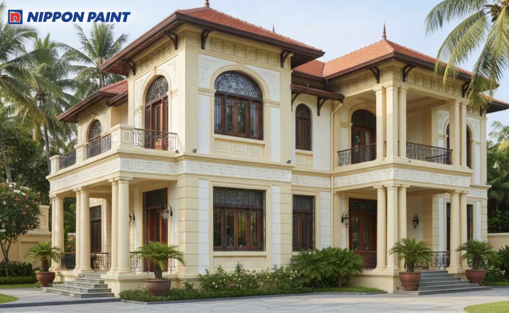 Biệt thự Indochine sử dụng nền trắng kem và vàng nhạt trên mảng lớn