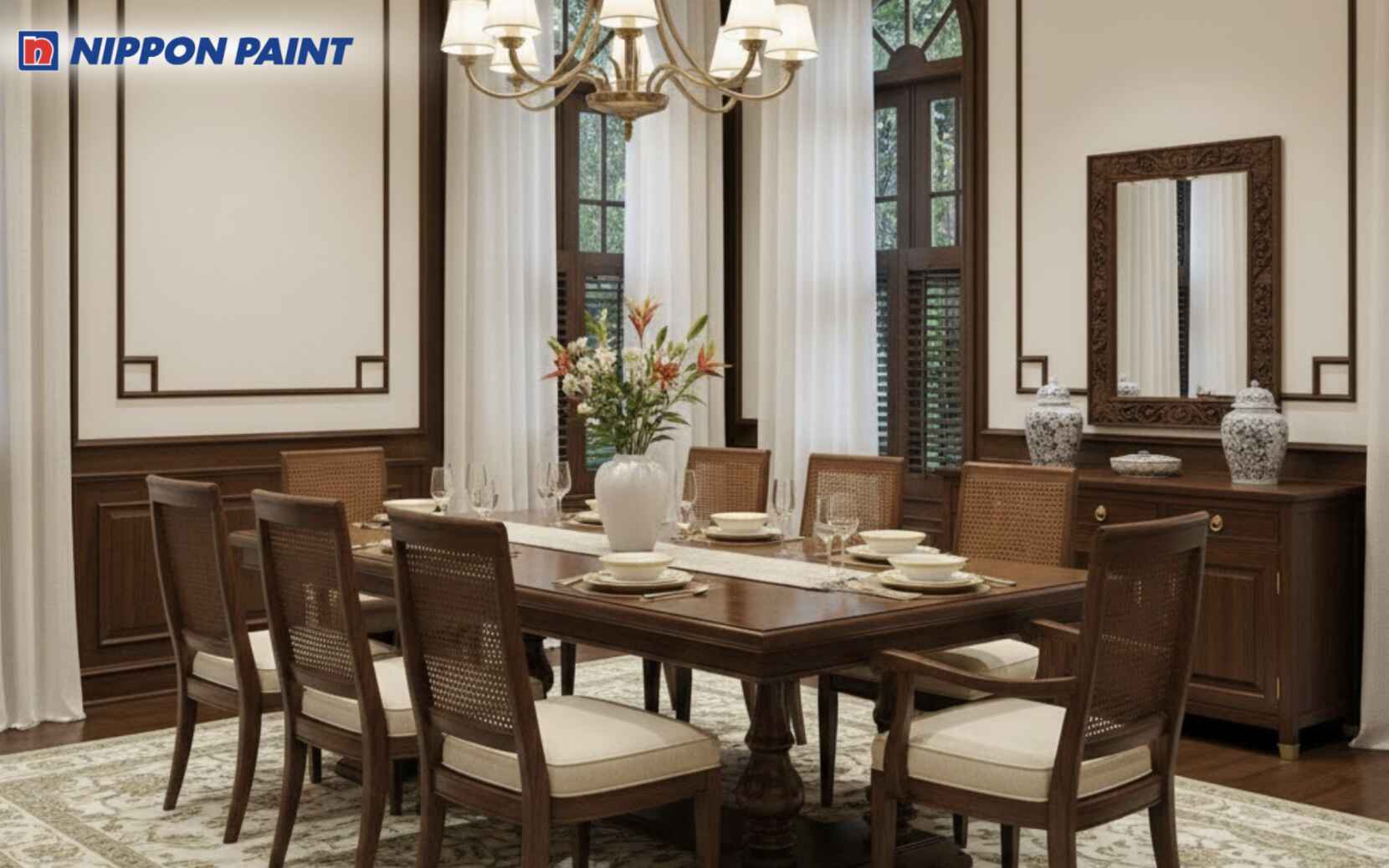 Phòng ăn Indochine nền trắng kem kết hợp nâu gỗ đậm, tạo cảm giác ấm cúng