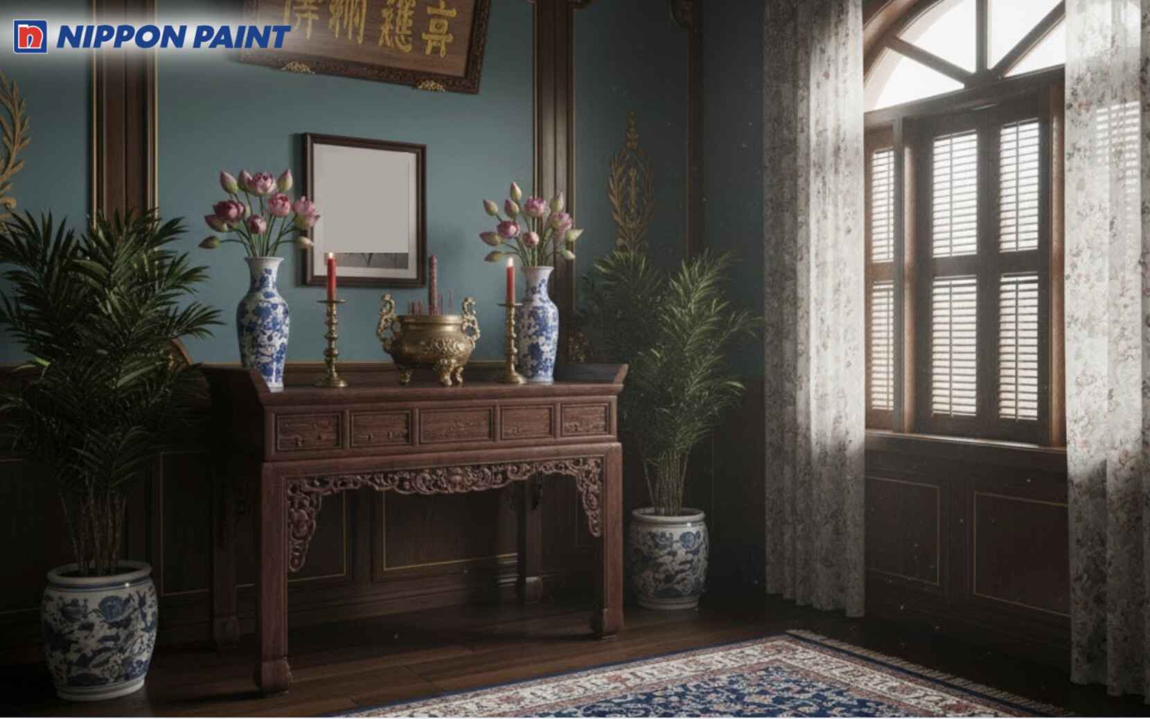 Sắc xanh trầm xuất hiện trên tường giúp không gian thêm chiều sâu