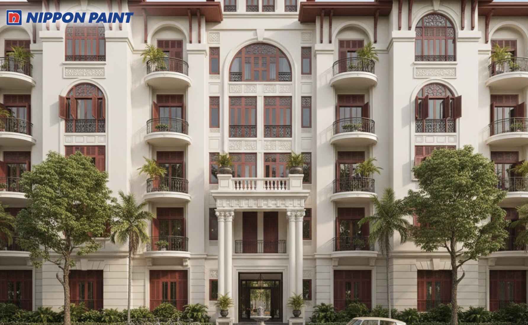 Chung cư Indochine sử dụng nền trắng kem và đỏ đậm làm chủ đạo