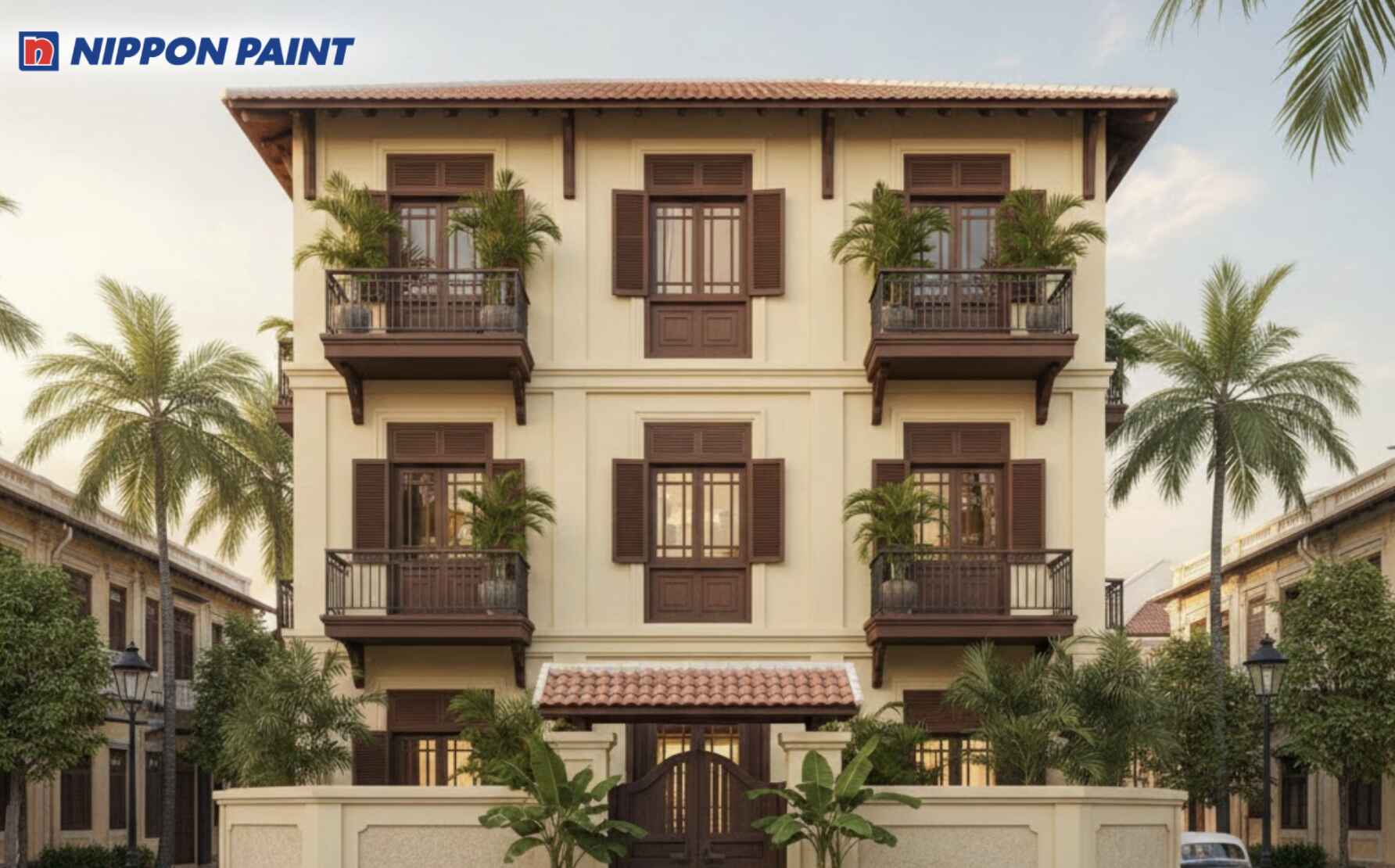 Mặt tiền phối vàng kem cùng nâu gỗ đậm, tạo nét cổ điển nhẹ nhàng