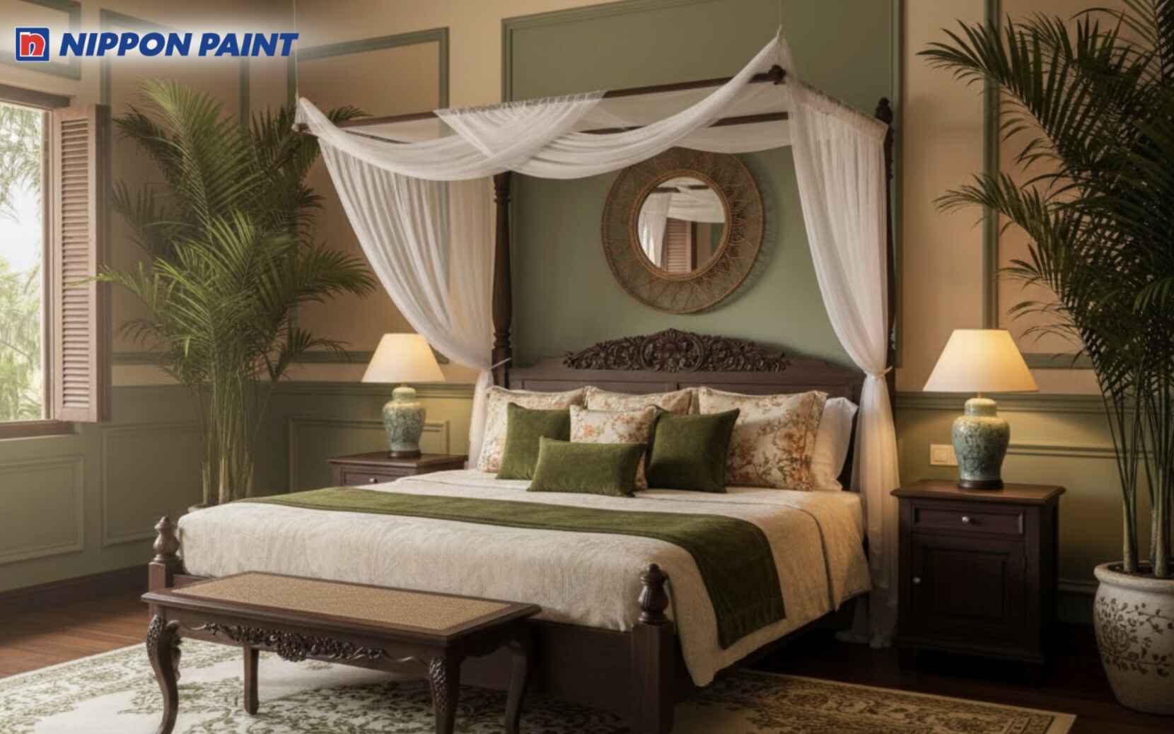 Gam be - kem ấm làm chủ đạo, điểm nhấn xanh rêu ở tường đầu giường