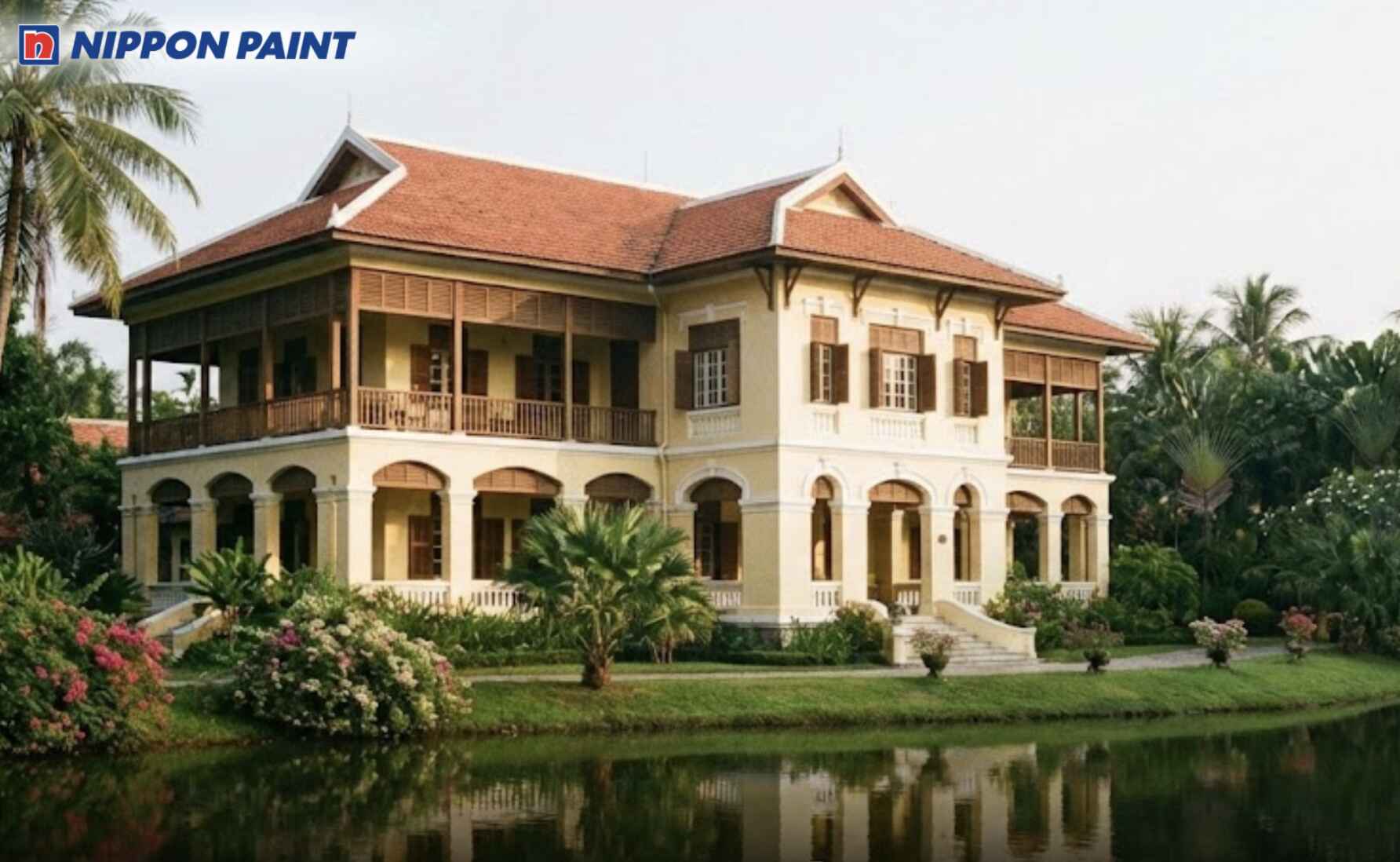 Màu vàng kem phối nâu gỗ giúp tổng thể biệt thự vừa sang trọng vừa hài hòa