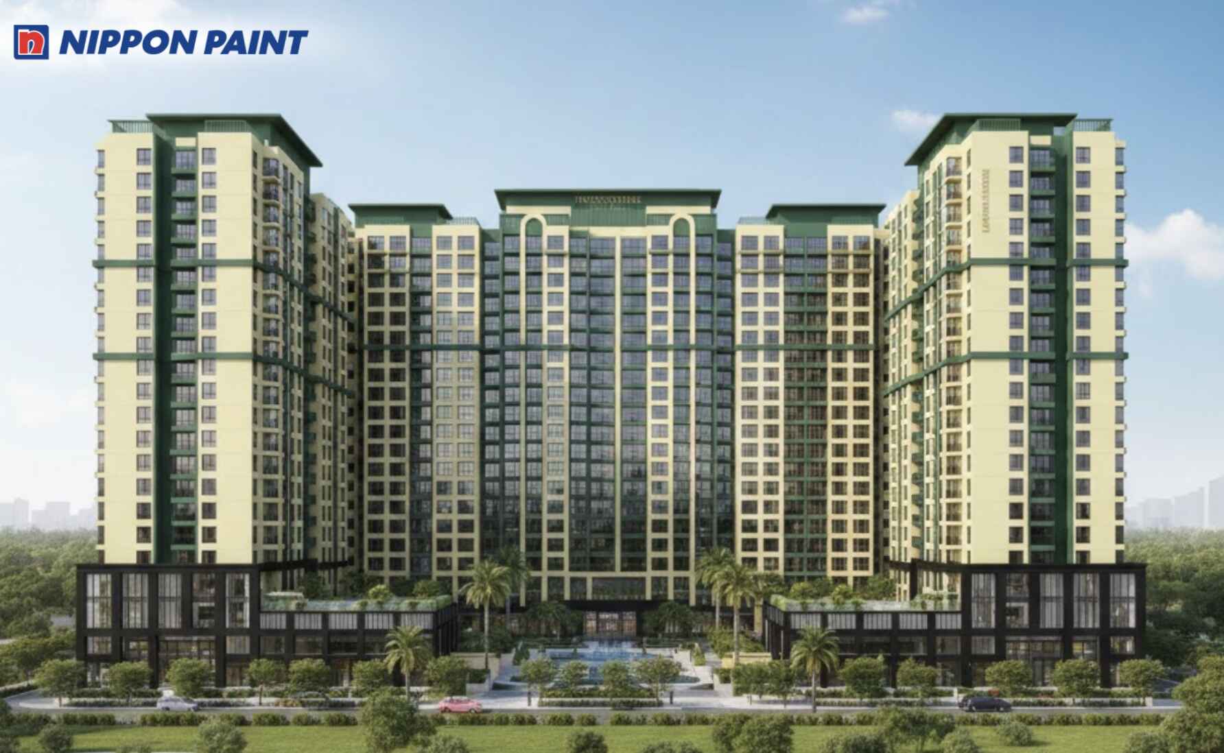 Vàng nhạt kết hợp xanh rêu giúp chung cư Indochine phù hợp với nhịp sống đô thị