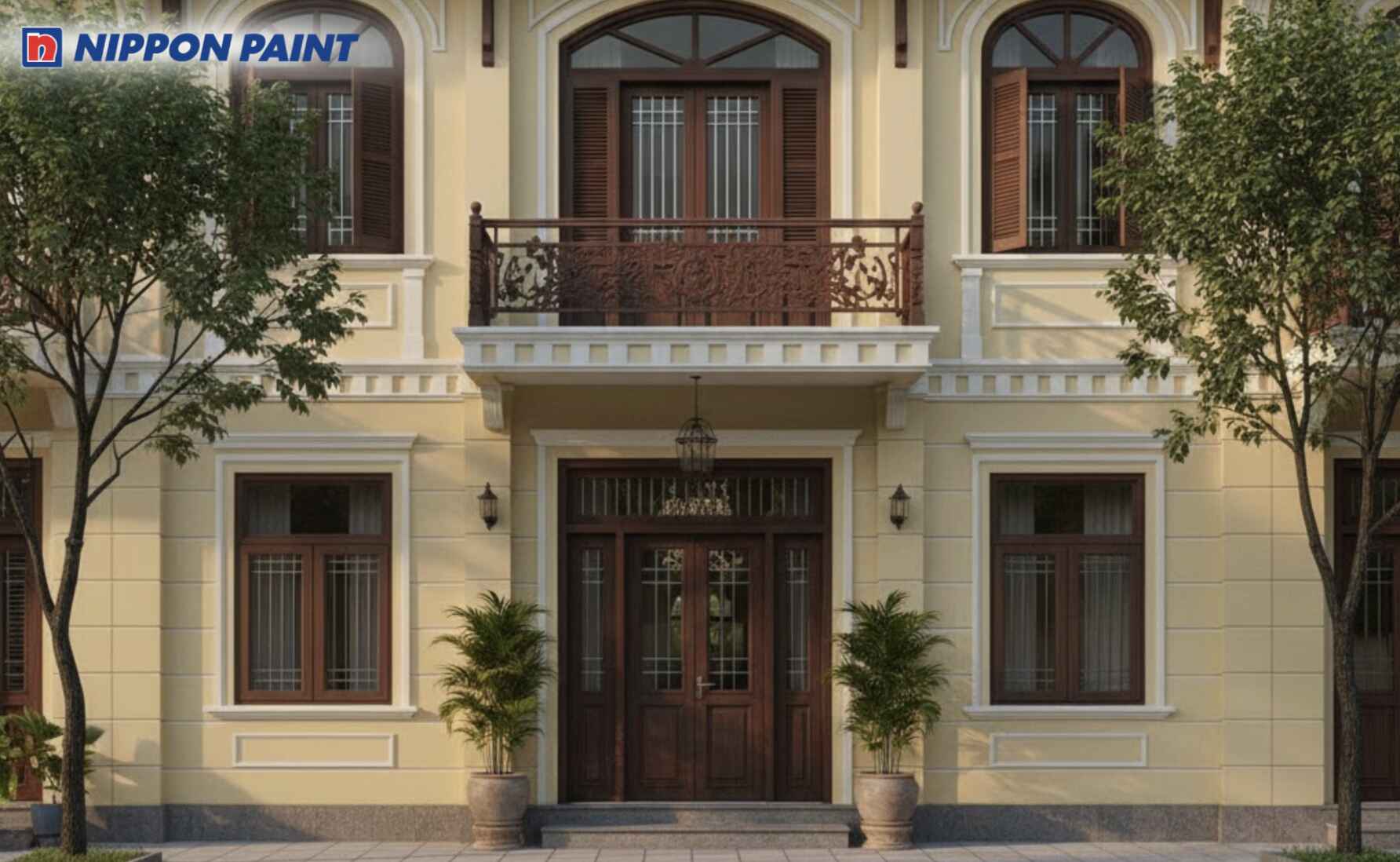 Gam vàng nhạt phủ mảng tường chính, điểm nhấn nâu gỗ đậm ở các ô cửa