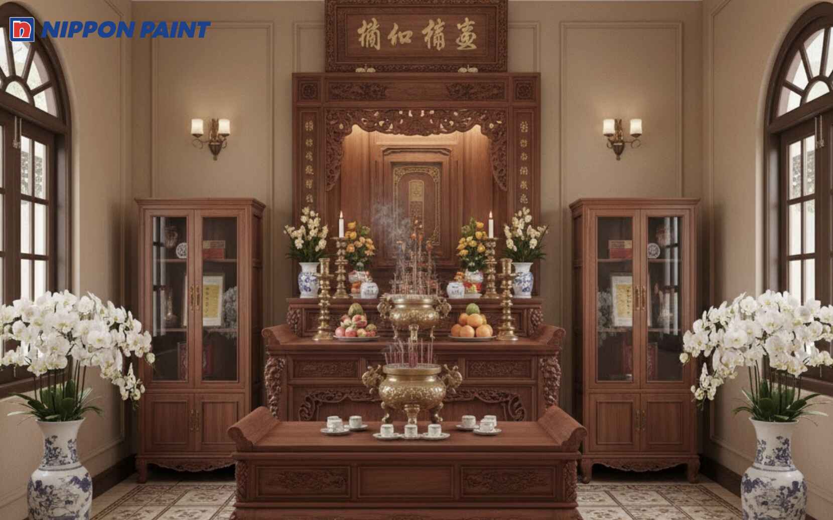 Không gian phòng thờ Indochine sử dụng màu sơn nâu trầm làm chủ đạo
