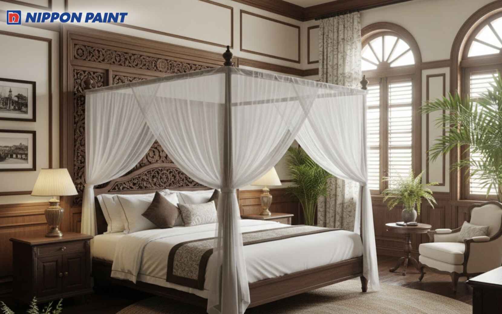 Phòng ngủ Indochine với nền trắng ngà kết hợp nâu gỗ trầm