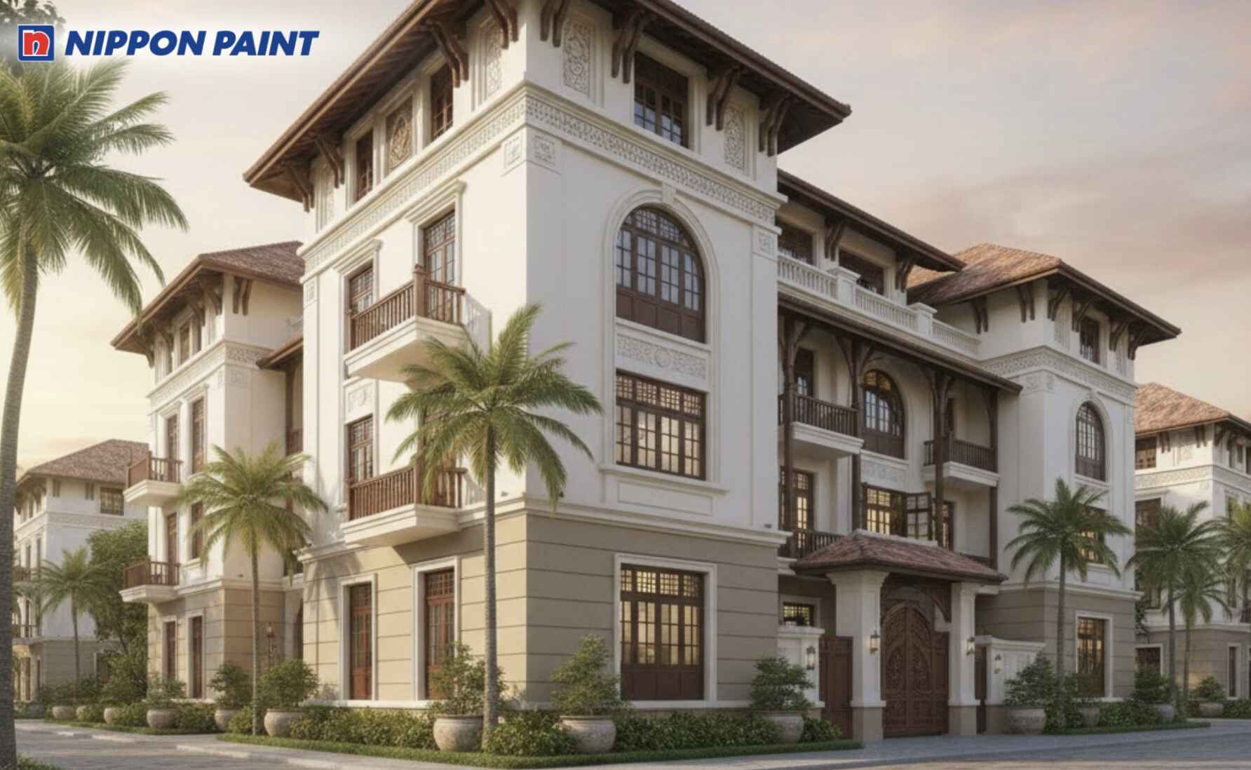 Nâu gỗ xuất hiện tinh tế trong ngoại thất kết hợp tường màu trắng kem