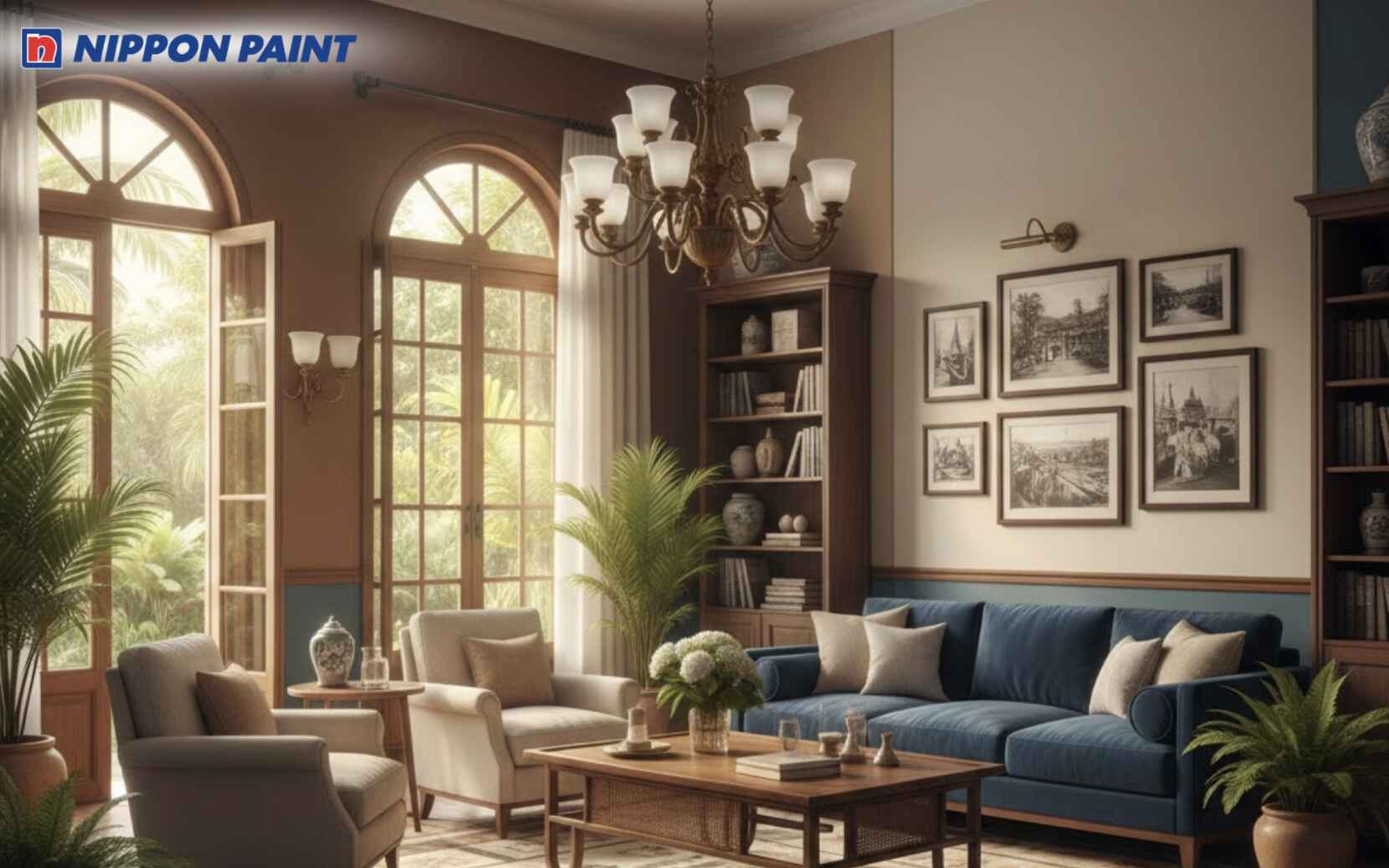 Sự hòa quyện giữa nâu gỗ, be sáng và xanh trầm tạo nên phòng khách vừa mộc mạc vừa tinh tế